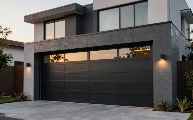 A wide shot of a luxury modern home in Los Angeles featuring a high-end black and glass automatic garage door. The lighting is warm sunset glow, highlighting the clean lines and professional installation. Incorporates brand colors #1A202C and #F8F8F8 in the architecture.