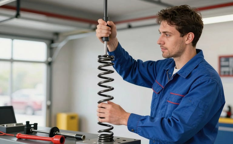 A professional technician wearing a blue uniform repairing a garage door spring. The lighting is bright and clear, showcasing high-quality tools and an organized workspace. The atmosphere is efficient and reliable, incorporating subtle dark blue and red accents from the brand palette.
