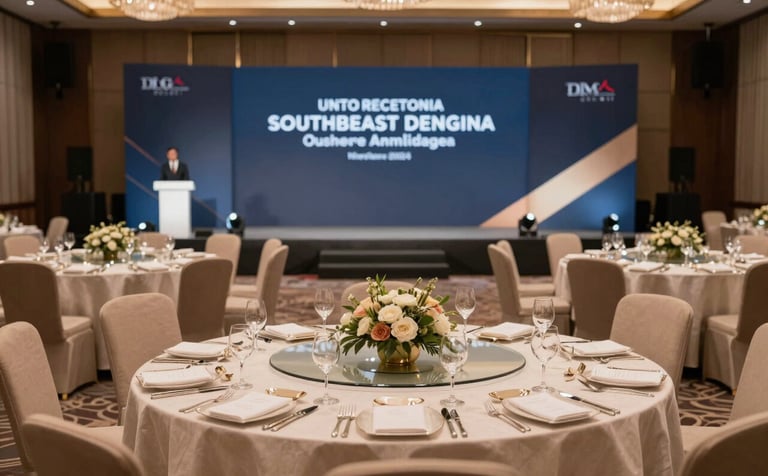 A sophisticated corporate event setup in a luxury Southeast Asian / Indonesian ballroom. Focus on elegant table arrangements and professional lighting in Warm Taupe and Dark Slate Blue tones, capturing a moment of modern business prestige.