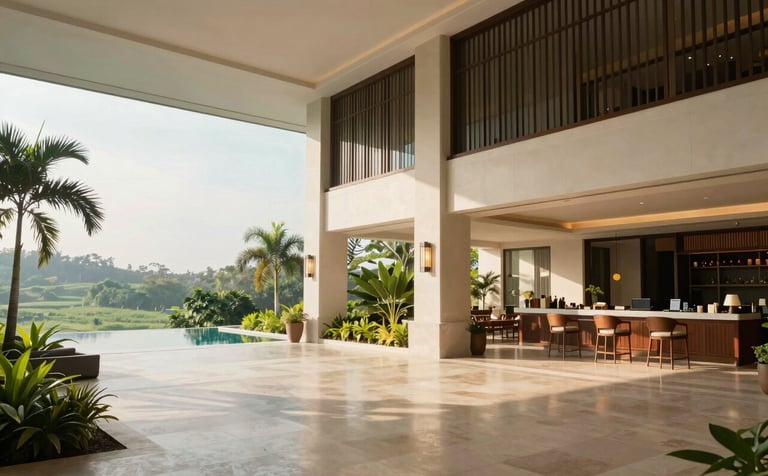 A high-end resort lobby in a iconic Southeast Asian / Indonesian destination, featuring modern architecture and a view of a lush landscape. Soft morning light illuminates the space in Soft Cream and Muted Teal.