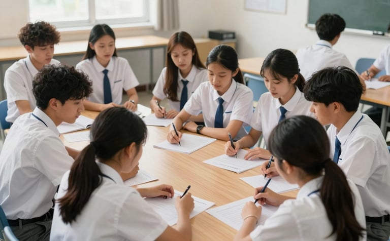A high-angle photograph of a diverse group of high school students collaborating on a project in a bright, modern classroom. The room is filled with soft natural light. Some students wear Mist White shirts and Professional Blue accents, sitting around a clean wooden table. The atmosphere is focused and empowering.