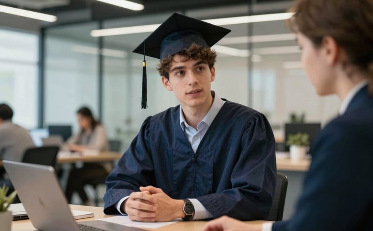 A professional photograph of a young adult graduate in a modern co-working space, engaged in a mentoring session. The lighting is crisp and intelligent. The background features clean glass partitions and subtle Professional Blue and Deep Navy decor elements, creating a trustworthy and sophisticated environment.