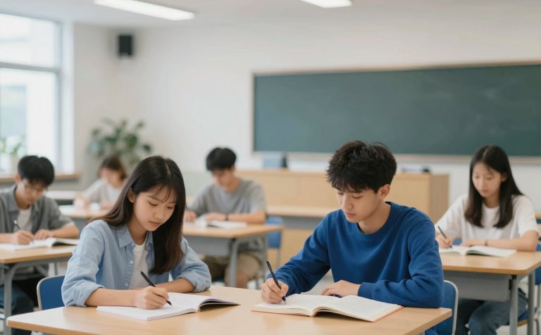 A modern, well-lit school study hall with students engaged in collaborative learning. The atmosphere is professional and empowering, featuring a clean aesthetic with accents of #3C6B7B and #A8C9D0. The lighting is soft and natural, emphasizing academic focus.