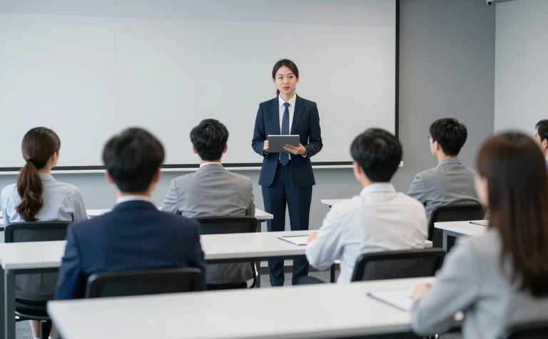 A sleek, modern corporate training classroom featuring adult learners and professional mentors. The environment reflects sophisticated academic discovery with a clean, user-centric style using #1A2E35 and #F5F8FA. The vibe is reliable and trustworthy.