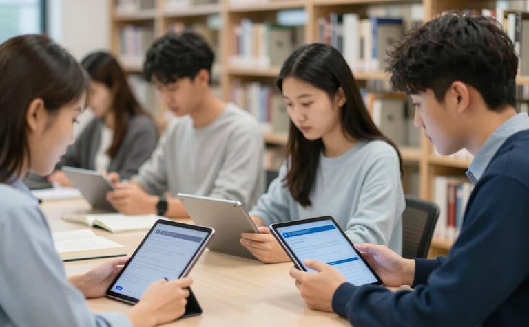 A group of focused college students in a high-tech library environment using digital tablets and textbooks. The design is modern and user-centric, using the brand palette of #1A2E35 and #A8C9D0. The composition is balanced and professional.