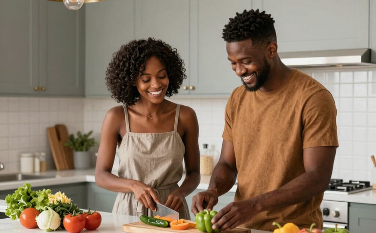 A warm, inviting kitchen scene with a chef plating colorful dishes alongside a friendly mover carefully handling a packed box.