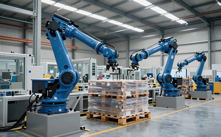 A wide-angle professional photograph of a modern, automated distribution center in Spain. Large robotic arms are precisely stacking pallets in a clean, high-tech warehouse. The lighting is bright and clear, highlighting the metallic structures and the sophisticated engineering. The color palette features deep blues and soft greys of the machinery against a professional industrial background.