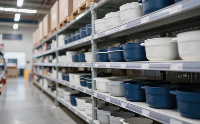 A clean, modern warehouse interior with high-quality, branded home and kitchen products neatly organized on industrial shelving. The lighting is bright and professional, with a color palette reflecting #F4F7F8 and deep blue accents of #0A192A, emphasizing order and efficiency.