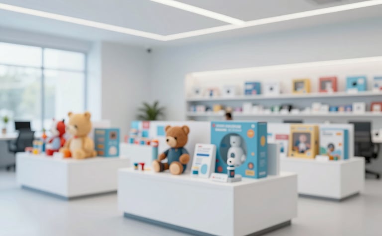 A bright, professional business showroom displaying brand-name toys and games and office supplies on minimalist white displays. The composition is clean and trustworthy, using a palette of #98AFC0 and #F4F7F8 to convey a modern distribution environment.