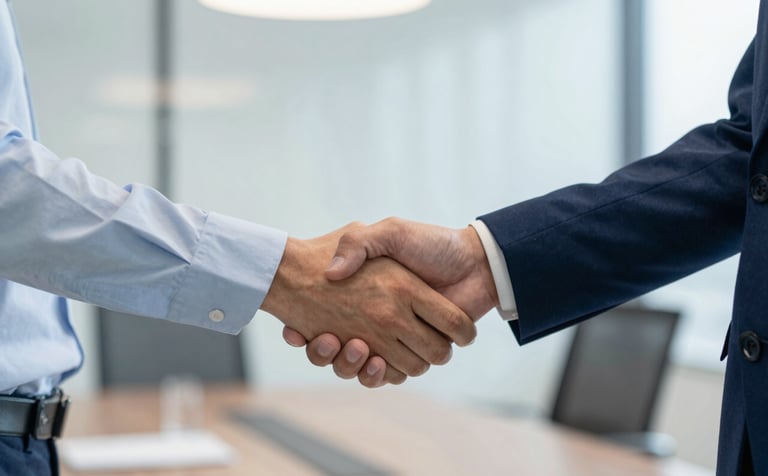A close-up shot of professional business partners shaking hands in a modern office, representing a successful distribution deal. Soft, clean light, featuring the brand palette of #0A192A and #F4F7F8, evoking reliability and collaboration.