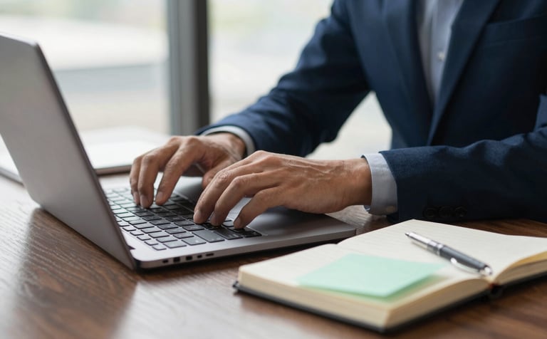 A sophisticated North American professional office setting with natural light, showing a person's hands typing on a sleek laptop beside a notebook. The color palette features dark blue and light mint accents, emphasizing a modern and efficient workspace.