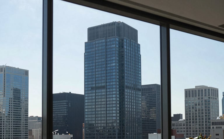 A modern US skyscraper skyline visible through a clean, sophisticated office window. The indoor setting features architectural details in dark blue and grey-blue, suggesting an authoritative and established corporate firm.