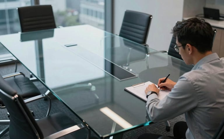 A high-angle photograph of a modern, professional meeting room in a US tech hub. A large glass table reflects soft grey-blue and teal lighting. The composition is clean and authoritative, focusing on high-end office architecture.