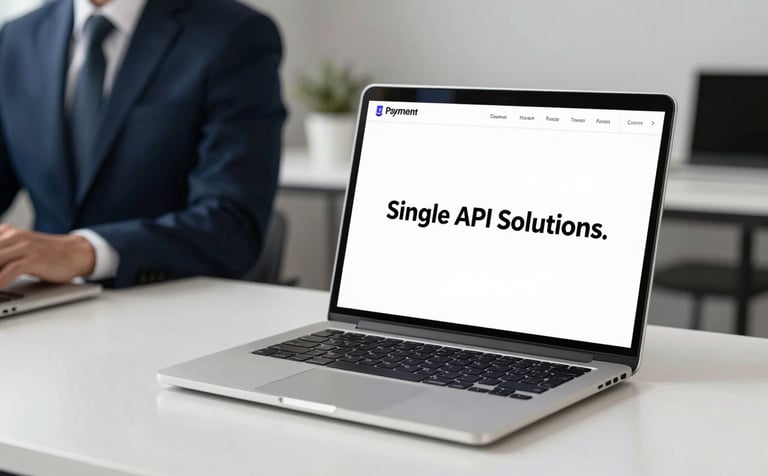 Clean photography of a modern minimalist workspace in a North American / European business setting. A sleek silver laptop sits on a white desk with a professional in a navy suit subtly visible in the background, representing forward-thinking payment technology and single API solutions.