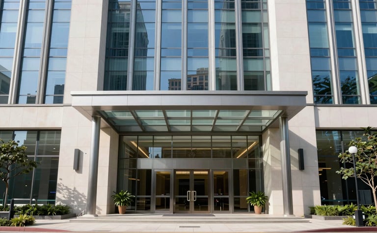Architectural photography of a prestigious office entrance in a North American / European business hub. The building features clean glass lines and a welcoming atmosphere. The lighting is crisp and bright, highlighting a palette of medium blue and off-white, suggesting efficiency and authority.