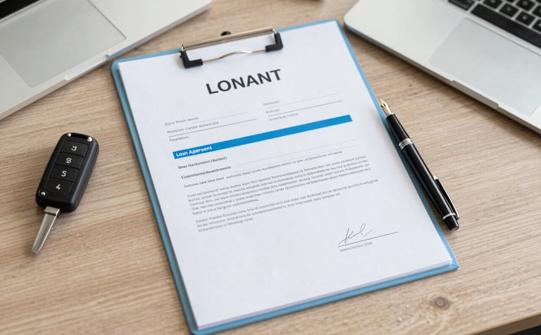 A top-down view of a modern desk in a North American office setting. On the desk are car keys, a professional fountain pen, and a loan agreement document. The atmosphere is professional and trustworthy with a clean aesthetic and light blue accents.