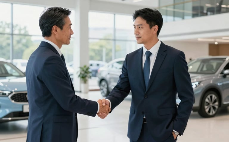 A North American man in professional attire shakes hands with a financial consultant in a brightly lit, modern car showroom. The background features polished floors and silhouettes of modern vehicles. The lighting is bright and inviting, incorporating brand colors like light blue and dark navy.