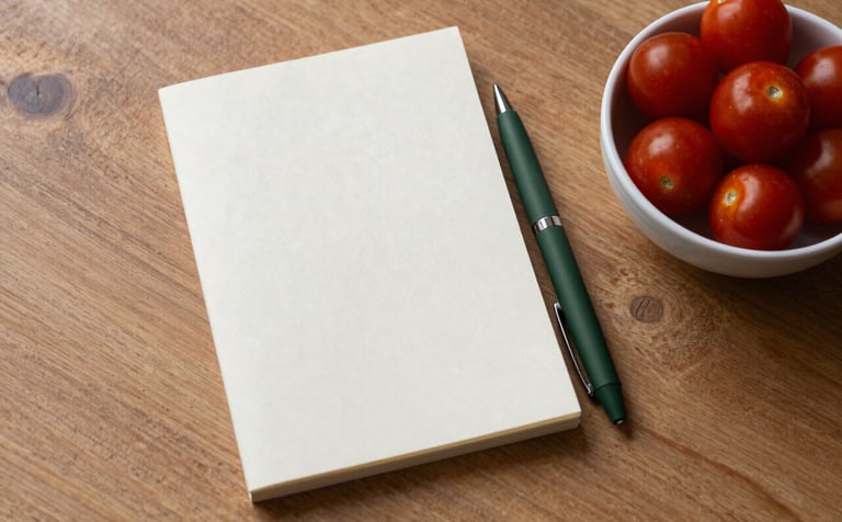 A top-down, clean photography shot of a wooden table featuring a crisp parchment notepad, a matte forest green pen, and a small bowl of deep ripe crimson cherry tomatoes. Soft, morning scandinavian light.