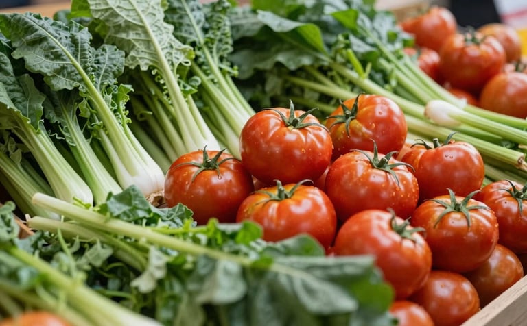 A vibrant, modern food market stall filled with fresh organic produce. Deep ripe crimson tomatoes and matte forest green leafy greens are beautifully arranged under bright, natural light.