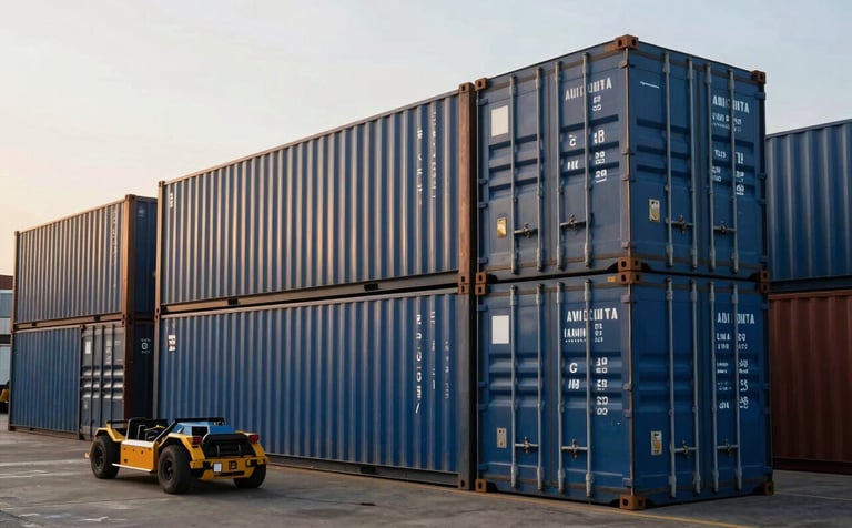 Industrial scene at the Port of Abidjan featuring cargo containers and logistics equipment. Professional West African / Ivorian setting, late afternoon sun, sophisticated dark navy and royal blue tones on the shipping equipment.