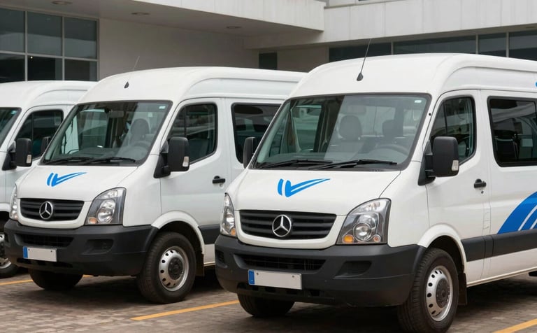 A fleet of professional white transport vehicles branded with subtle royal blue accents, parked in a modern corporate courtyard in Abidjan. West African / Ivorian setting, sophisticated atmosphere, in a clean, professional lighting.