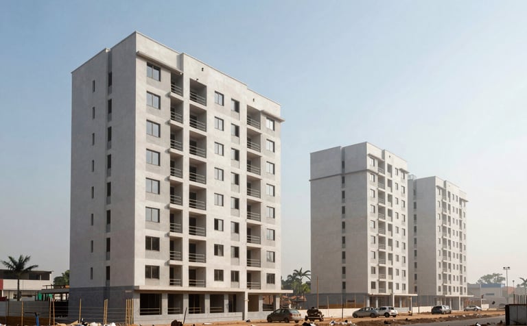 A wide-angle professional photograph of a modern residential complex under construction in Abidjan. West African / Ivorian architectural style, bright daylight, sky blue and fog white color tones. The scene conveys established professionalism and excellence.