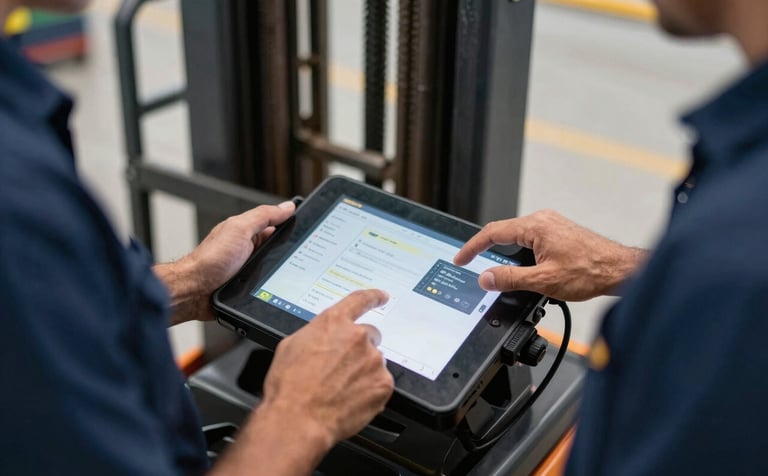 Close-up of a South American / Brazilian technician's hands using a digital diagnostic tablet connected to a forklift's electronic panel. Industrial setting in Brazil, sharp focus on the interface, professional atmosphere with navy blue and light grey tones.