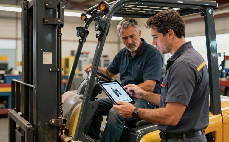 A South American / Brazilian technical expert in a workshop setting explaining forklift mechanics to an apprentice. They are looking at an iPad showing a technical video. Warm, educational lighting, welcoming industrial vibe.