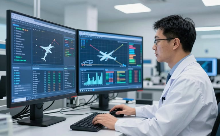 A focused aerospace researcher in a North American / US laboratory, wearing professional attire, analyzing complex data on large steel blue digital screens. The setting is clean, bright, and modern, representing forward-thinking aviation safety innovation.