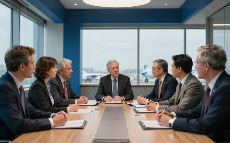 A group of aviation policy experts in a North American / US corporate boardroom, engaged in a professional discussion. They are surrounded by steel blue architectural accents and large windows, conveying authority and strategic commitment.