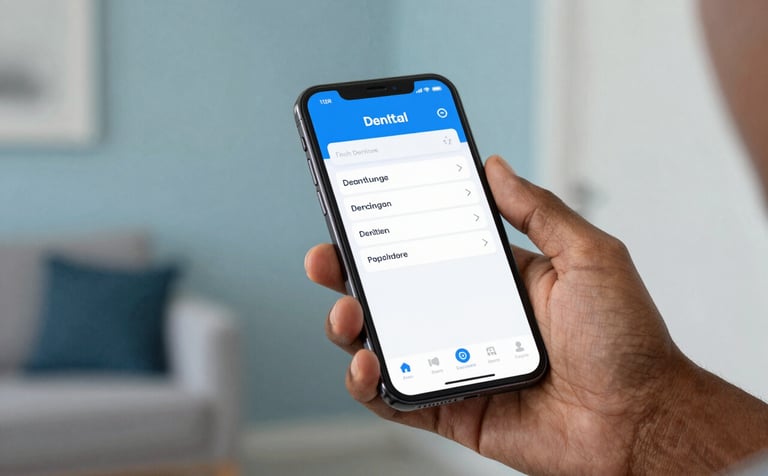 Close-up photography of a smartphone held by a South American Brazilian hand, showing a clean dental care app interface. The background is a soft-focus modern home interior with brand colors like medium blue and light gray.