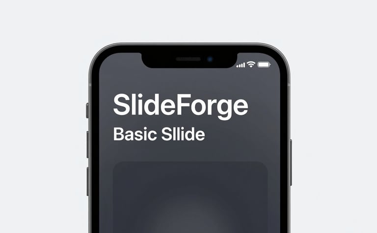 A sleek, high-end mockup of an iPhone showing the SlideForge basic slide editor. The interface is clean and minimalist, dominated by dark grays and crisp white text (#F0F6FC). The lighting is studio-style, highlighting the premium design of the app.