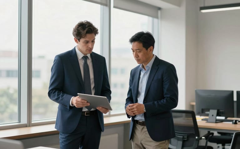 Two business professionals collaborating in a clean, modern workspace. They are discussing a project near a large window with soft natural lighting. The environment reflects trust and expertise, featuring steel blue and cool off-white tones.