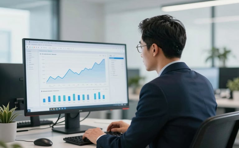 A professional in professional attire in a bright, modern office setting, looking at a high-resolution screen displaying clean data trends. The atmosphere is sophisticated and results-oriented, with accents of dark navy and soft muted blue in the office decor.