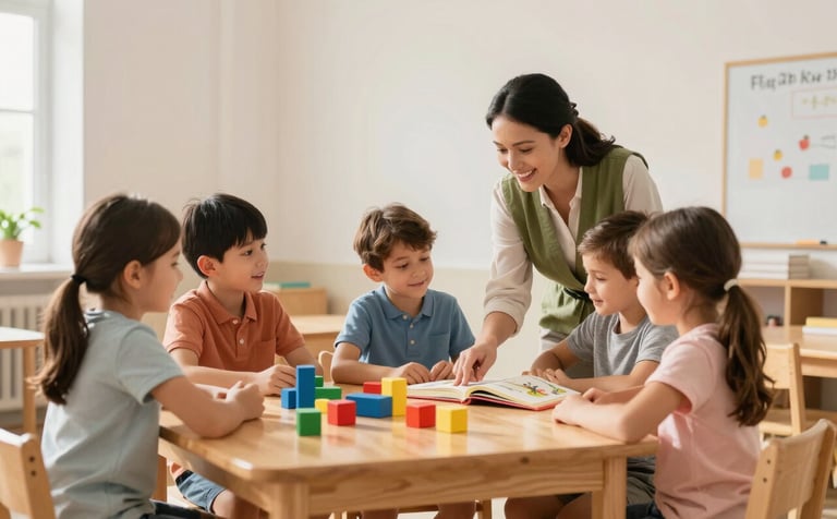 A group of happy young children in a bright, modern classroom with soft off-white walls. They are sitting around a low wooden table with colorful blocks. A teacher in a seaweed green vest is smiling and pointing to a book. Warm, natural sunlight fills the room, creating a nurturing and trustworthy institutional atmosphere.