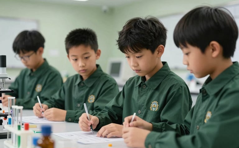 Primary school students in their dark forest green uniforms working together on a science project in a well-equipped lab. The composition is focused on their engaged expressions. The background has soft muted sage green elements and professional lighting, conveying a modern and academic environment.