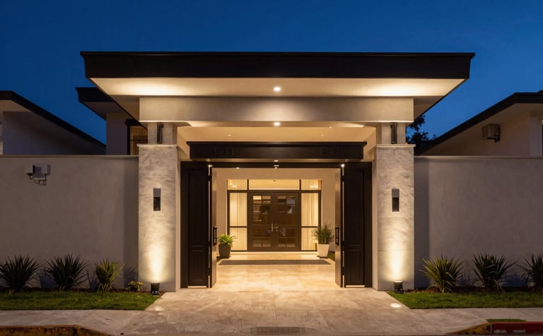 Sleek architectural photography of a contemporary South American luxury residence at dusk. Discreet security sensors and a high-end gated entrance are visible under warm exterior lighting. The atmosphere is one of profound safety and tranquility, with the deep night sky in navy and slate blue shades.
