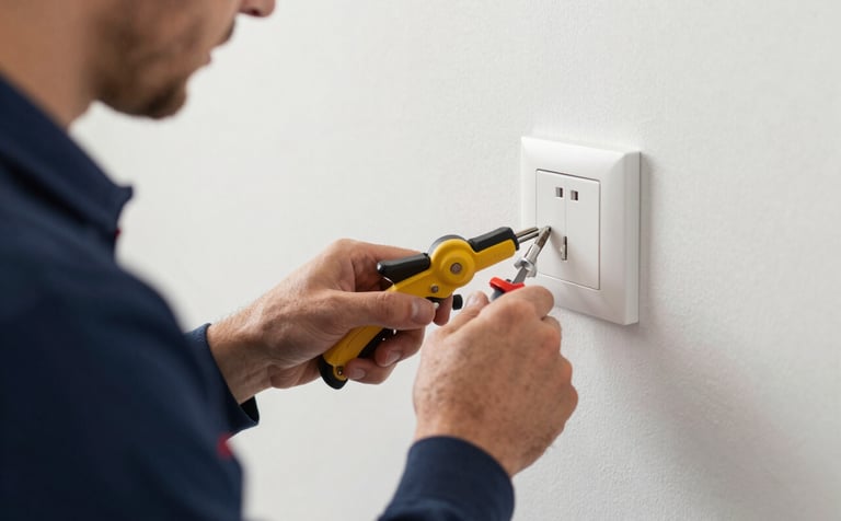 Close-up of a professional electrician's hands using high-quality tools to install a modern light switch. The wall is a clean, minimalist off-white. The lighting is bright and even, emphasizing professional reliability and craftsmanship. Color palette includes #455A64 and #90A4AE.