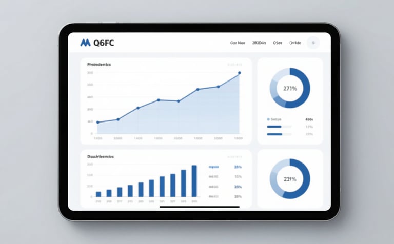 A minimalist digital dashboard on a professional tablet showing growth charts and business analytics. The style is clean and innovative, with highlights in #A6BFCC and #2B2D42.