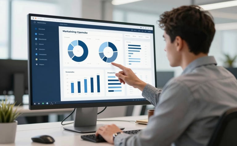 A high-end, modern office setting with a focused marketing professional analyzing data on a large screen. The lighting is bright and clean, with a sophisticated color palette featuring #2B2D42 and #4A6E82 in the decor and digital elements.