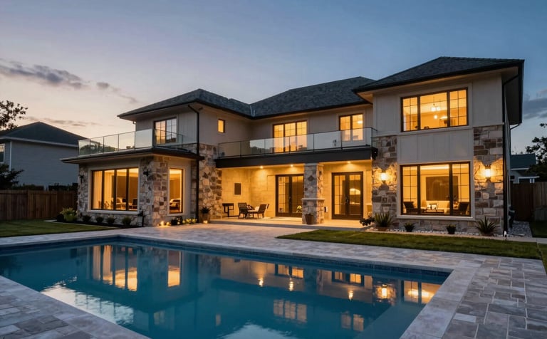 A wide-angle exterior photograph of a contemporary suburban mansion in a North American neighborhood at dusk. The house features stone accents, glass railings, and warm internal lighting. A pristine pool in the foreground reflects the deep blue and gold sky. Soft evening lighting.
