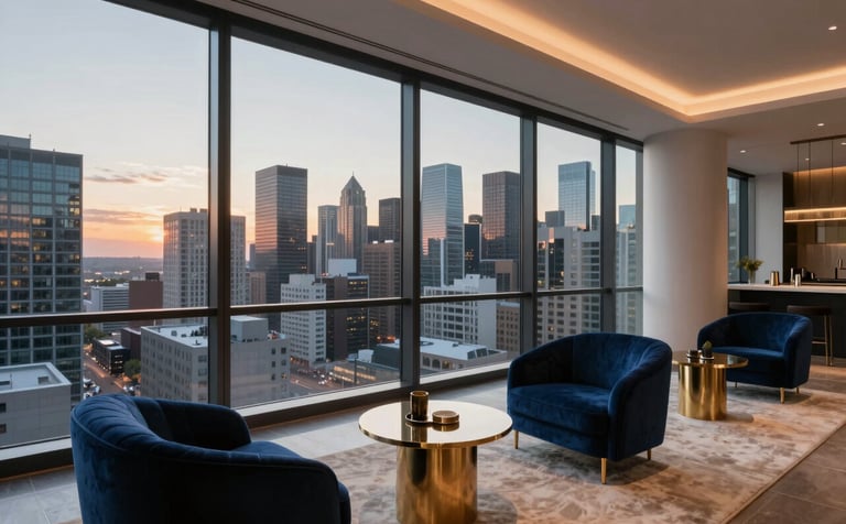 A high-angle interior photograph of a modern luxury condominium in a North American city. Large floor-to-ceiling windows reveal a sunset skyline. The room is decorated with midnight blue velvet chairs and metallic gold side tables on a cream-colored rug. Professional architecture photography.