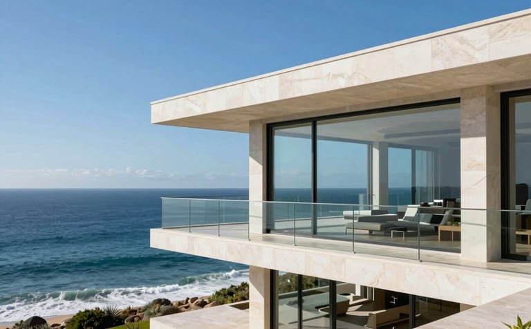 A minimalist luxury glass villa overlooking the Atlantic coast in the US. The structure features clean lines and large balconies. Bright midday sun highlights the white and cream stone textures against the deep blue ocean. High-end real estate photography.