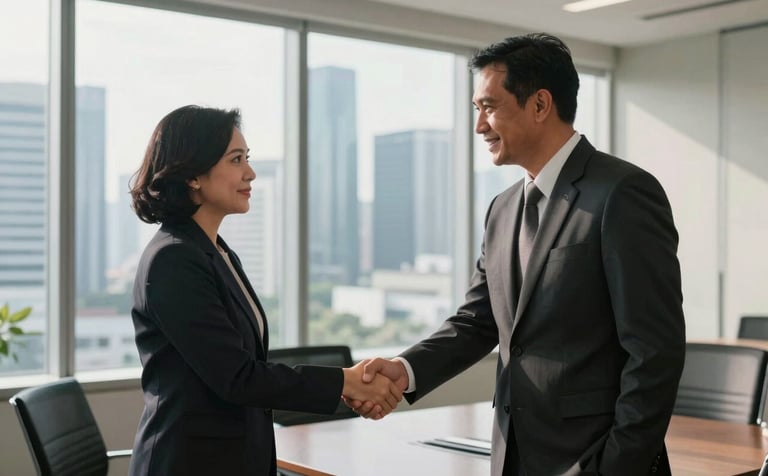 Two Indonesian business professionals, a man and a woman in formal attire, shaking hands in a bright, modern conference room with a large window overlooking the Jakarta city skyline. Sunlight reflects off glass surfaces.