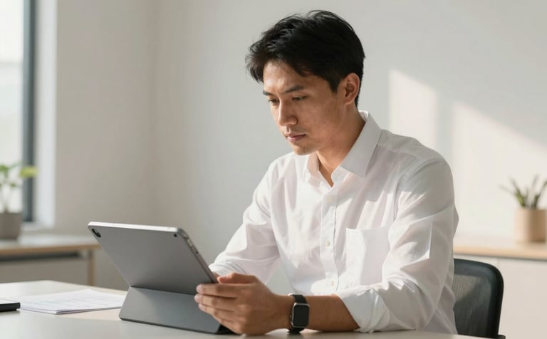 A professional Indonesian entrepreneur in a minimalist office, dressed in a smart casual white shirt, looking at a modern tablet showing data. The lighting is soft morning light, and the environment features clean lines and soft off-white tones.