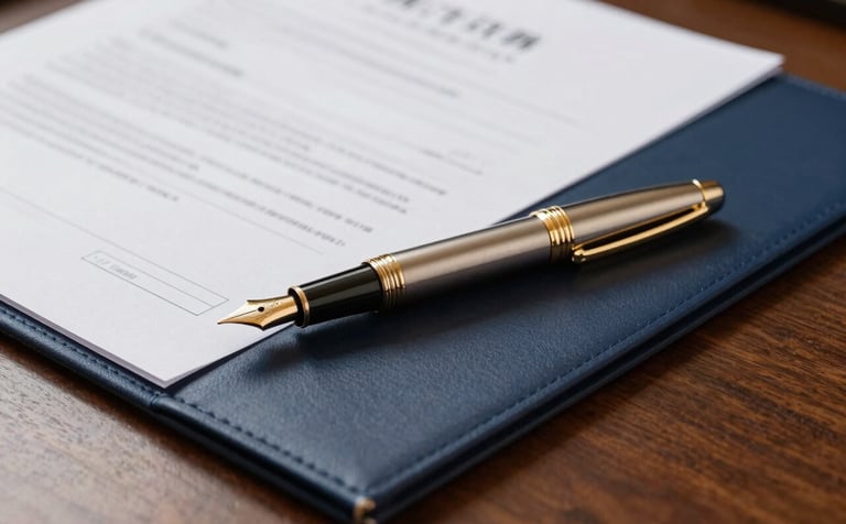 A close-up shot of a high-end metal fountain pen in muted gold resting on a dark navy blue folder with official documents. The setting is a polished executive desk with a professional, authoritative mood.