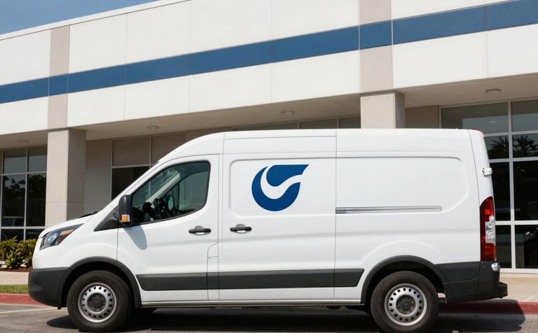 A clean, white service van with a professional logo parked in front of a modern North American / US commercial building. Bright daylight, crisp architectural lines, portraying a sense of reliability and expert care.