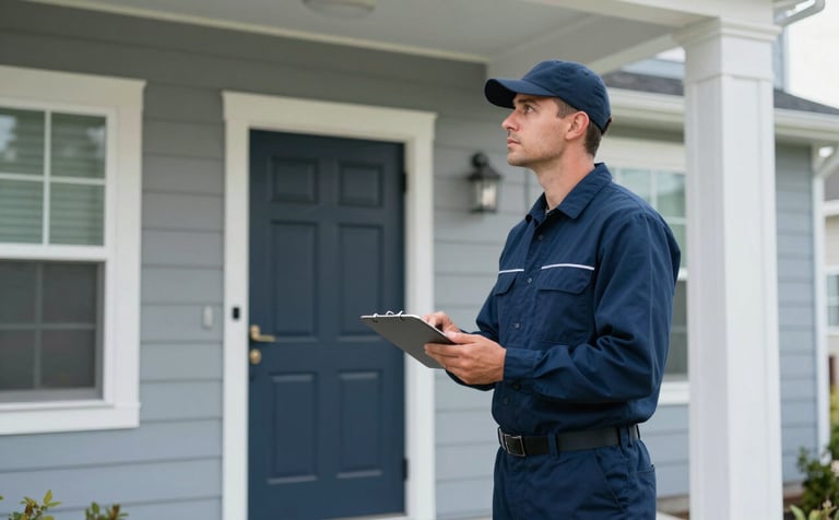 A professional pest technician in a clean uniform inspecting the exterior perimeter of a modern North American / US suburban home during the day. The scene features deep navy blue and very pale grey accents, conveying a sense of calm and expertise.
