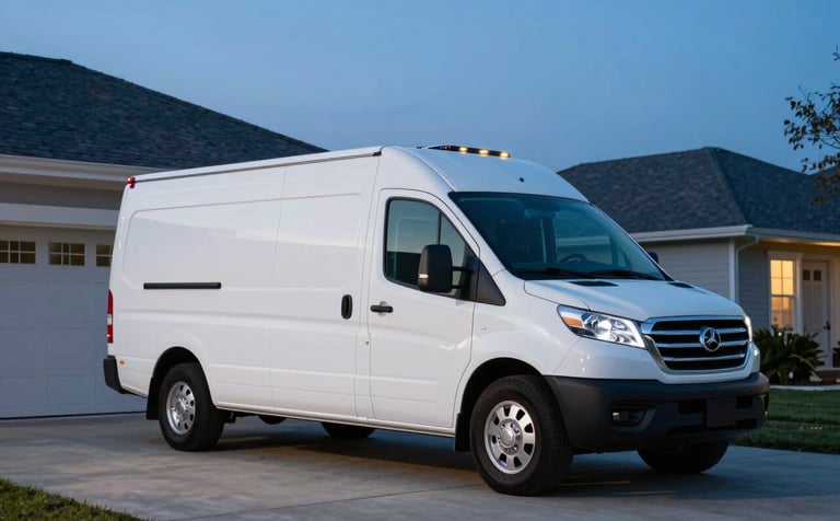 A clean white service vehicle parked in a well-lit North American / US residential driveway at twilight. The composition is clean and modern, featuring light sky blue and deep navy blue highlights in the environment.