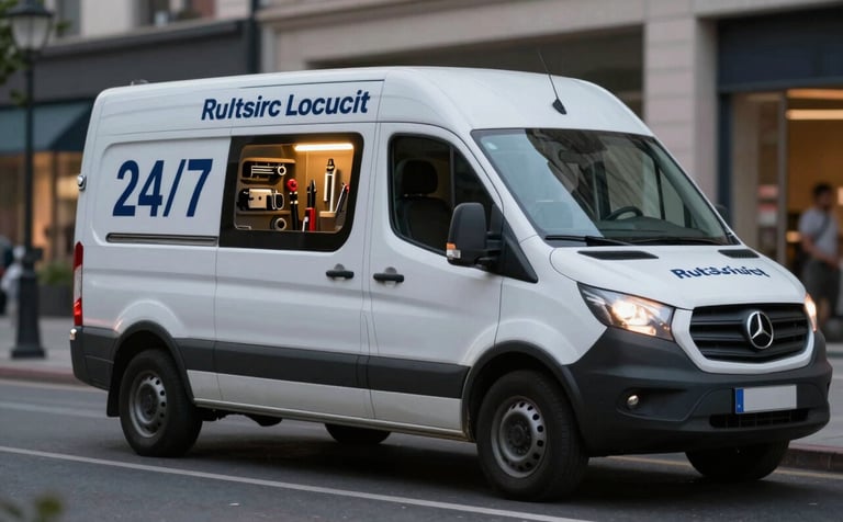 A professional service van branded for automotive locksmith services, parked on a city street at dusk. Warm focused lights highlight the specialized tools inside the van, evoking a sense of reliability and 24/7 readiness.